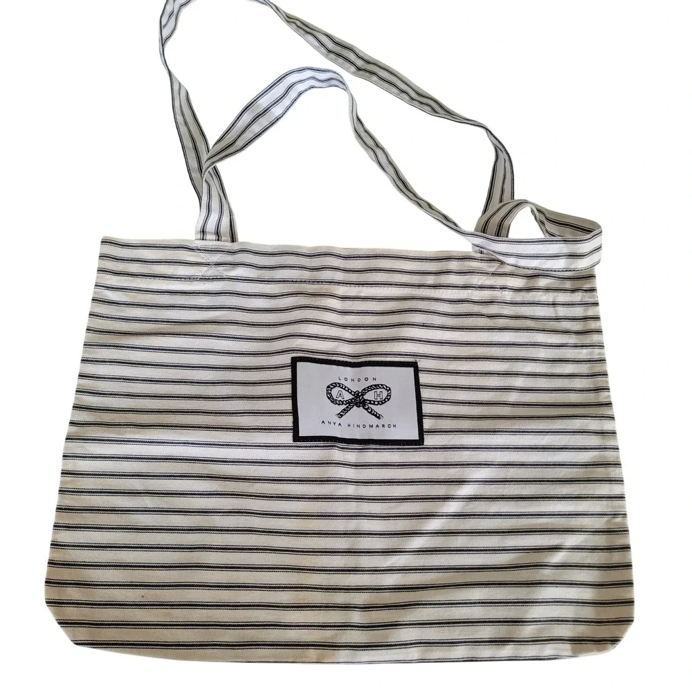 Anya Hindmarch London Striped Canvas Tote‎ Bag Navy Cream Bow Logo Shopper